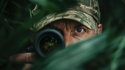 A rugged hunter, camouflaged in nature, peers through dense foliage, focusing his gaze through a scope, ready for action in the wild landscape he's exploring.