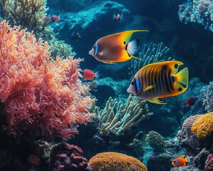 Exotic fish swimming around coral in a vibrant reef