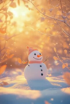 Happy snowman in knitted cap standing against blurred snowy winter landscape. Festive background with cute lovely snowman. Merry Christmas and Happy New Year. Magic winter background