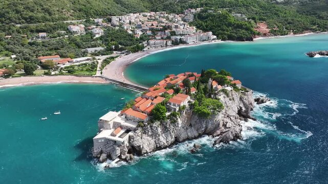 Aerial view of Sveti Stefan Island, a former fishing village, now a luxury hotel, Sveti Stefan, Montenegro