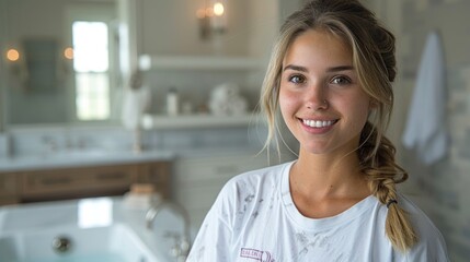 Fototapeta premium Bright smile of a young woman in a cozy, modern bathroom during the morning light. Generative AI