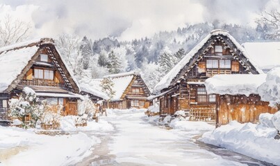 Fototapeta premium Watercolor Traditional wooden houses of Shirakawa-go in winter, Japan