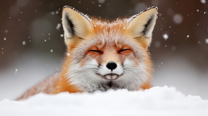 Obraz premium A red fox, with its face relaxed and eyes gently closed, appears to be smiling amidst softly falling snow—a moment of bliss captured in the cold outdoors.