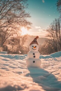 Happy snowman in knitted cap standing against blurred snowy winter landscape. Festive background with cute lovely snowman. Merry Christmas and Happy New Year. Magic winter background