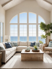 Fototapeta premium Mediterranean room with abundant natural light, highlighting coastal hues and natural textures.