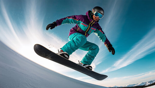 A snowboarder in a vibrant jacket and pants performing a jump on a snowy mountain slope. Winter sports, adventure and athleticism in the mountains.