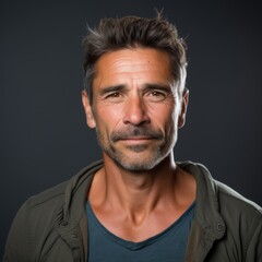 Obraz premium Close up of an Argentine man with a relaxed expression in a casual hoodie against a neutral gray backdrop