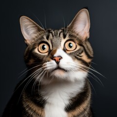 Fototapeta premium Confused cat with curious expression and perked ears against a vibrant studio backdrop