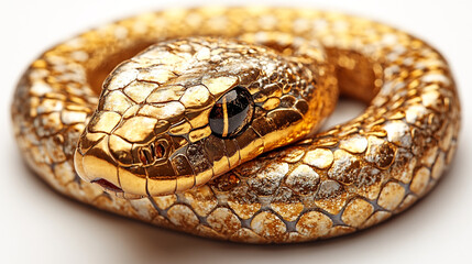 Fototapeta premium Beautiful gilded snake close up on white background