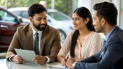 An Indian insurance agent presenting car insurance plans during a meeting with a couple.	
