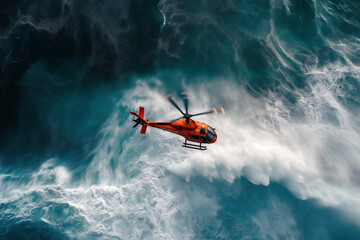 Coast guard helicopter hovering above the ocean as a rescue swimmer descends into the water, powerful waves below.