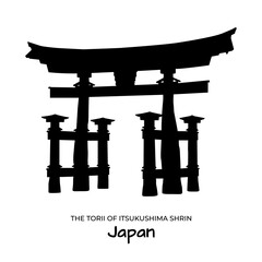 Japanese traditional torii gate on a transparent background. Black silhouette vector Illustration. Famous landmark  and top attraction of Japan. Legendary sightseeing destination
