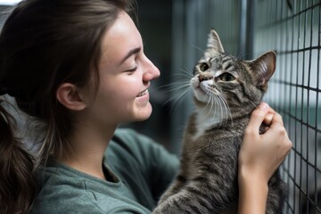 Female volunteer gently holding a cat in an animal shelter, conveying care