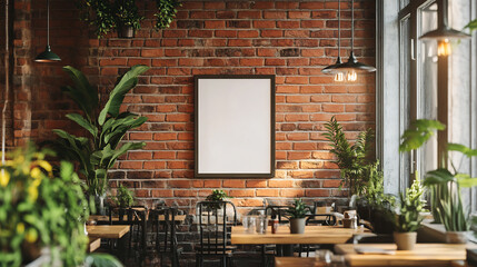 Brick wall poster mockup in cozy cafe interior setting with natural lighting. Surrounded by lush plants and industrial decor for a warm, inviting atmosphere.