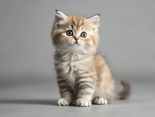 Fototapeta premium Fluffy kitten sitting on a gray background, looking curious