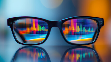 pair of glasses reflecting a colorful graph of financial data, with lines and bars representing market movements