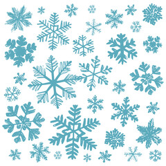 Hand drawn set snowflakes of sketch style. Christmas mood, new year party, winter background. Design template for poster, calendar, greeting card, social media. Vector illustration
