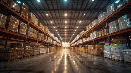 Fototapeta premium A vast industrial warehouse with neatly stacked pallets ready for distribution at dusk. Generative AI