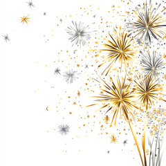 Obraz premium Illustration of fireworks in gold and black bursting in the sky, with scattered sparkles falling around. 