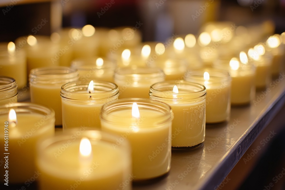 Poster the image showcases several glowing candles in glass jars, aligned neatly, casting a warm and serene