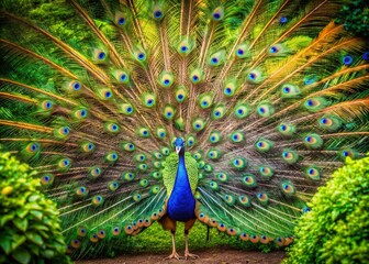 Obraz premium Aerial View of Majestic Peacock Displaying Vibrant Feathers in Lush Greenery – Stunning Wildlife Photography Capturing Nature's Beauty and Exotic Birds in Their Natural Habitat