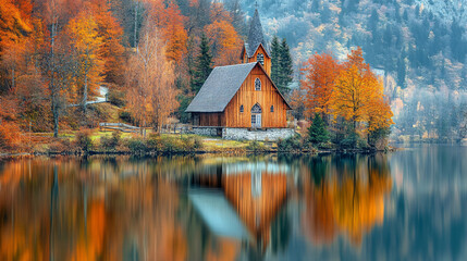 Obraz premium A rustic wooden church by a lake, reflecting in the calm water during fall.