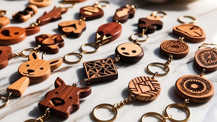 Wooden keychains with animal and geometric designs on a marble surface.