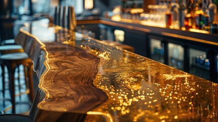 Epoxy resin coating on a bar top, highlighting the unbroken, crystal-clear finish, with a focus on the careful application process