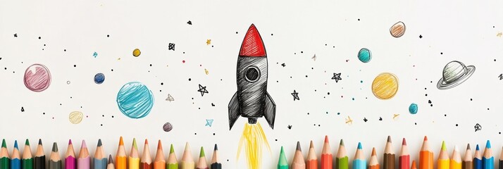 Hand-Drawn Rocket in Space with Colored Pencils