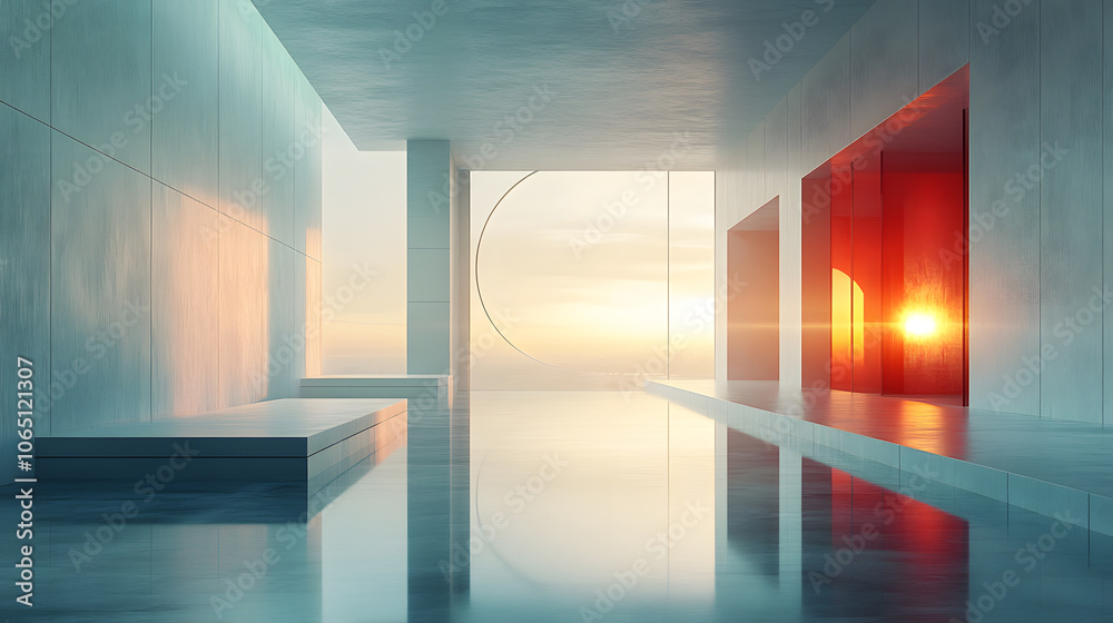 Poster a serene, modern interior with large windows reflecting the sunset, featuring minimalistic design an