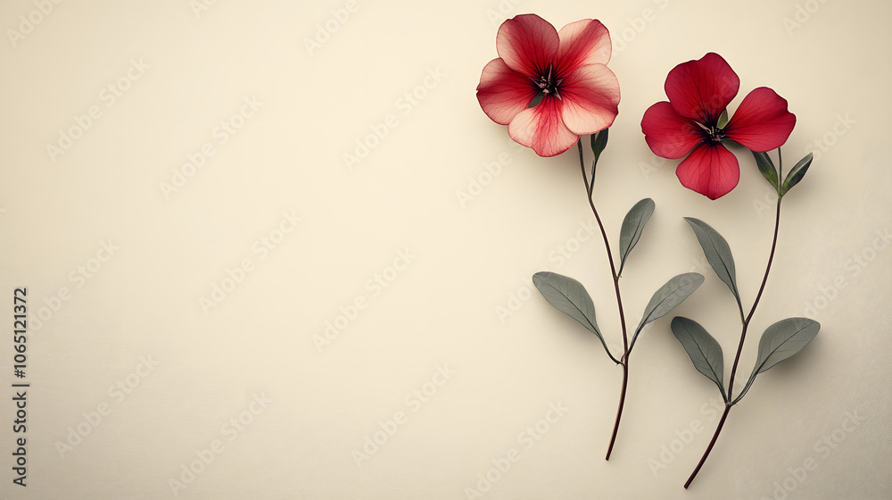 Poster two vibrant red flowers with green leaves against a soft beige background, creating a serene and ele