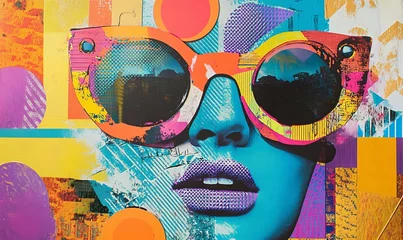 Tableau sur verre  A vibrant collage combines bold colors and patterns in pop art style, centered around a figure wearing oversized sunglasses, creating an eye-catching visual experience  © Sergey