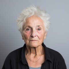 Close up of a scared elderly woman with a fearful look in a simple cardigan against a neutral gray backdrop