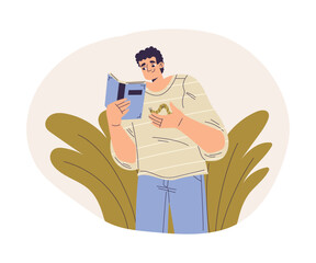 Man Studying Plant and Insect Exploring Nature Vector Illustration