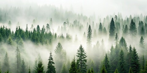 Obraz premium Foggy spruce forest on white background, watercolor, foggy, misty, spruce, trees, forest, nature, tranquil, peaceful