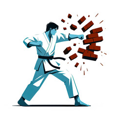 Obraz premium Vector illustration of a karate fighter punching a brick wall to break it into pieces on a white background.