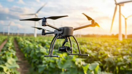 A drone hovers over a lush green field, surrounded by wind turbines, capturing data to optimize agricultural practices in a sustainable way.