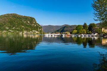 Promenade of Lugano with the beautiful scenery of lake Lugano, canton of Ticino, Switzerland