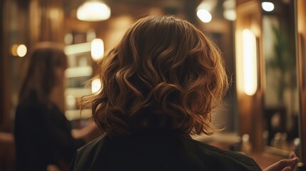 Fototapeta premium Back View of Woman with Styled Wavy Hair in Warmly Lit Salon, Creating an Elegant and Inviting Atmosphere for a Chic Look