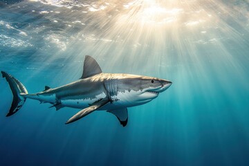 Fototapeta premium Great white shark swimming under bright sun rays in clear water