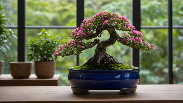 Closeup of a Bonsai plant in a blue pot, placed on a wooden table, and a large window in the background