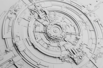Intricate white circular machinery design featuring layered geometric patterns and mechanical elements on a textured surface