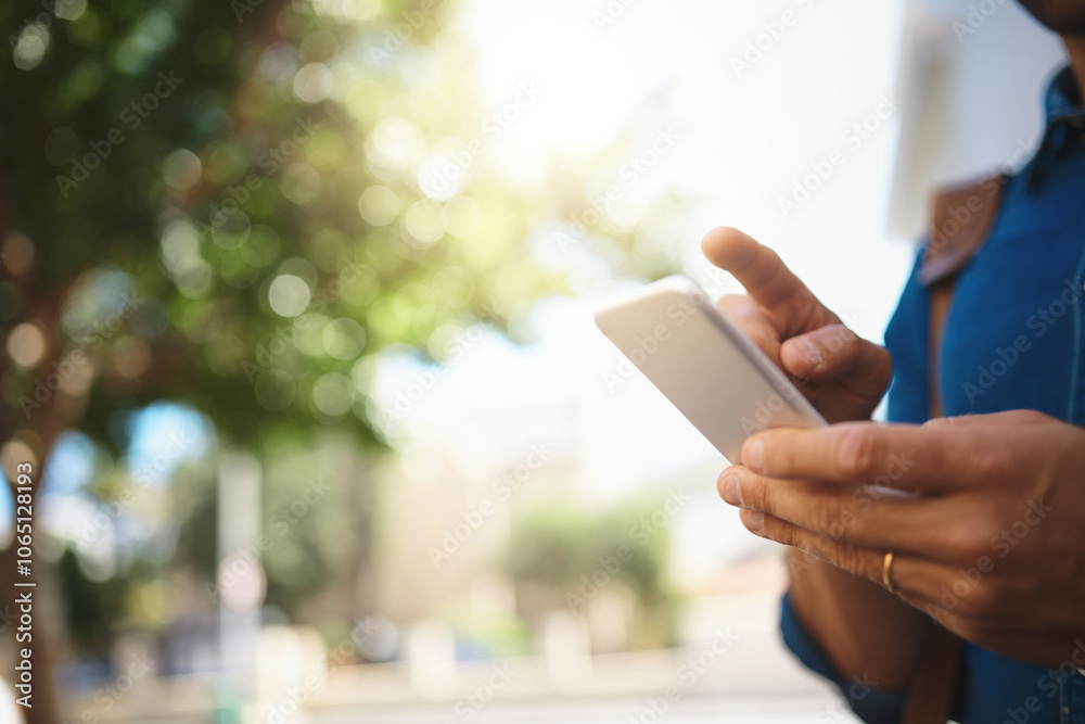 Poster man, hands and phone for message in city, worker and travel consultant with guide app in town. male 