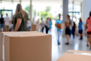 Donation, charity, food bank concept. Cardboard boxes with grocery product, personal care, essential items for donation in front of blurred food donation point center, temporary food donation point