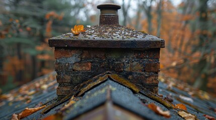 Fototapeta premium A weathered chimney surrounded by autumn foliage in a tranquil forest setting. Generative AI