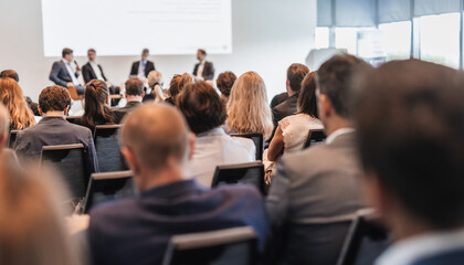 Interview and round table discussion at business convention and presentation. Audience at the...