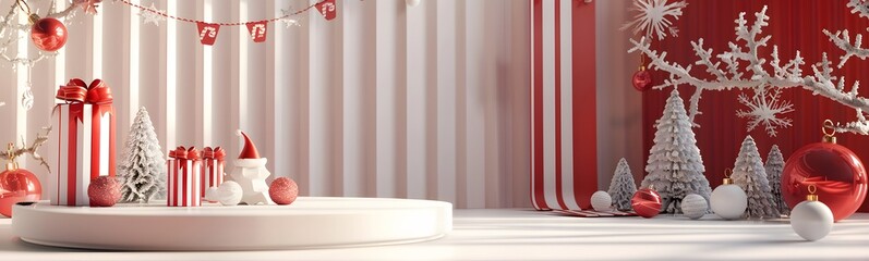 Background podium 3D gift product sale christmas stage winter display new year banner box. Holiday xmas white red stand render scene decoration platform minimal studio happy present. 
