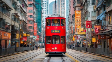 Red Double Decker Tram Passing Through Busy City Street, Hong Kong. Urban Cityscape Concept.