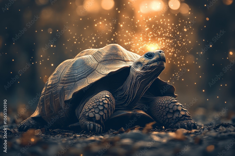 Aufkleber An image of a tortoise illuminated amidst shimmering mystical lights in a natural setting, creating an ethereal visual experience filled with tranquility and wonder.