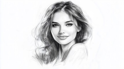 Naklejka premium Realistic Pencil Sketch Portrait of Woman with Intense Gaze and Flowing Hair in Monochrome_1